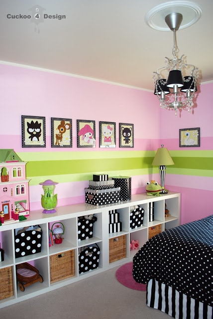 pink girls room with black and white stripes, black and white polka dots