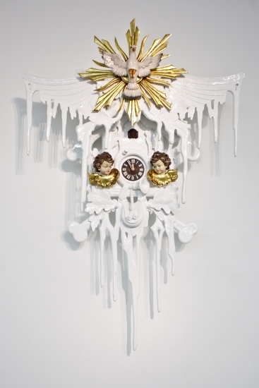 white and gold modern Stefan Strumbel cuckoo clock