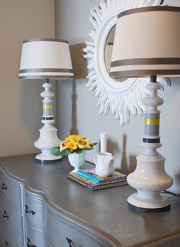 finished gray and white striped painted lamp makeover