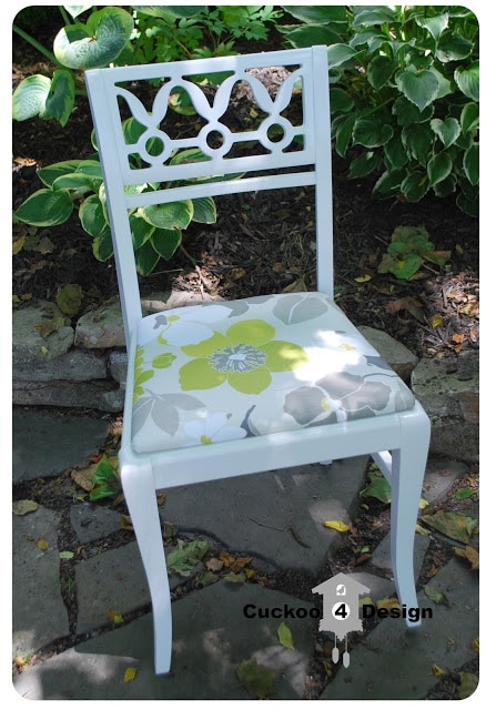 refinished vintage white chair with green, grey and white Waverly fabric