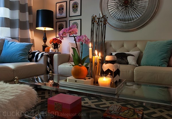 colorful Halloween living room when it gets dark outside
