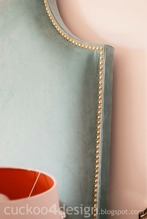 velvet DIY fabric headboard with individual brass nails