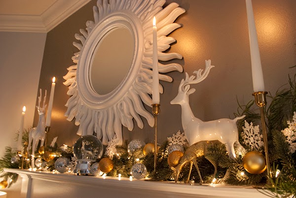 side view of gray and white Christmas mantle 
