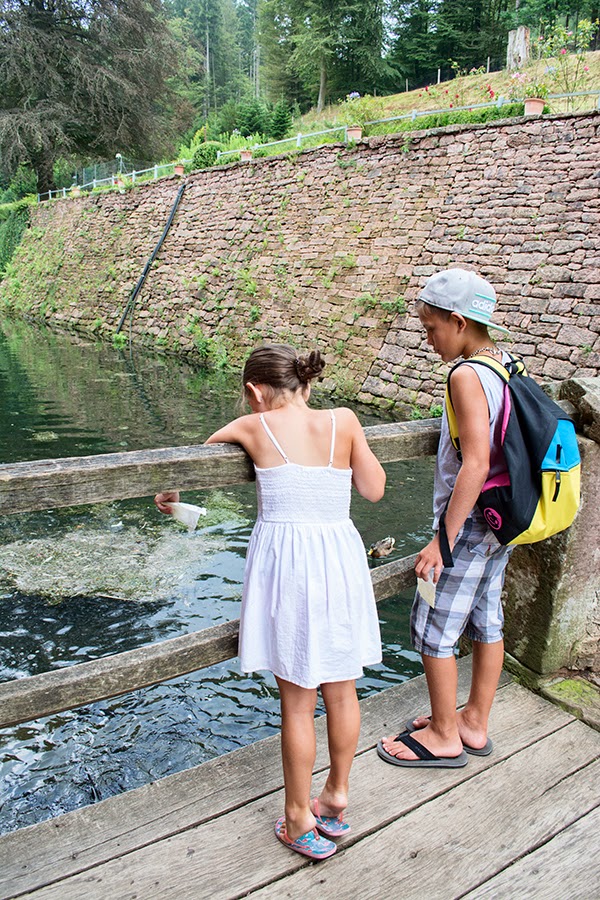 feeding the fish inside Castle Mespelbrunn's moat