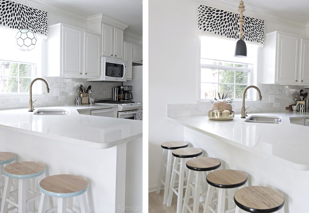 turquoise painted counter stools versus black accents on painted counter stools