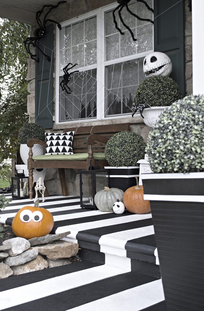 black and white Halloween porch