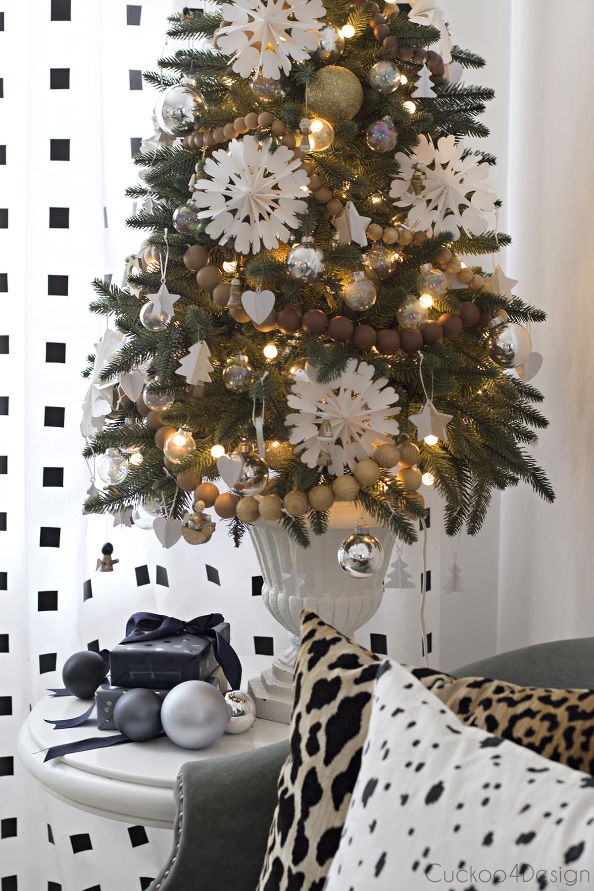 black and white decor with snowflake ornament tree
