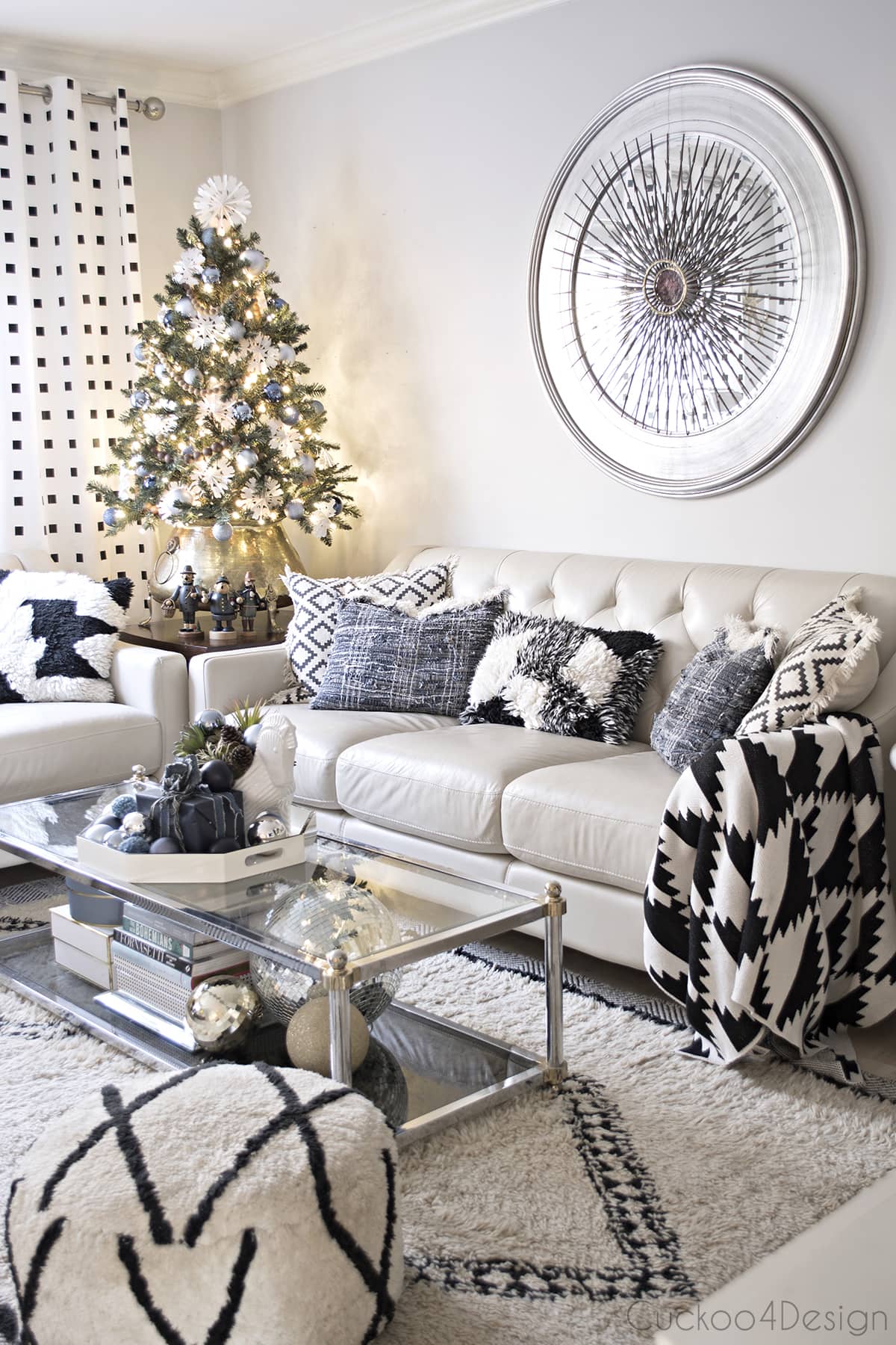 neutral living room with Blue, black and white eclectic accessories