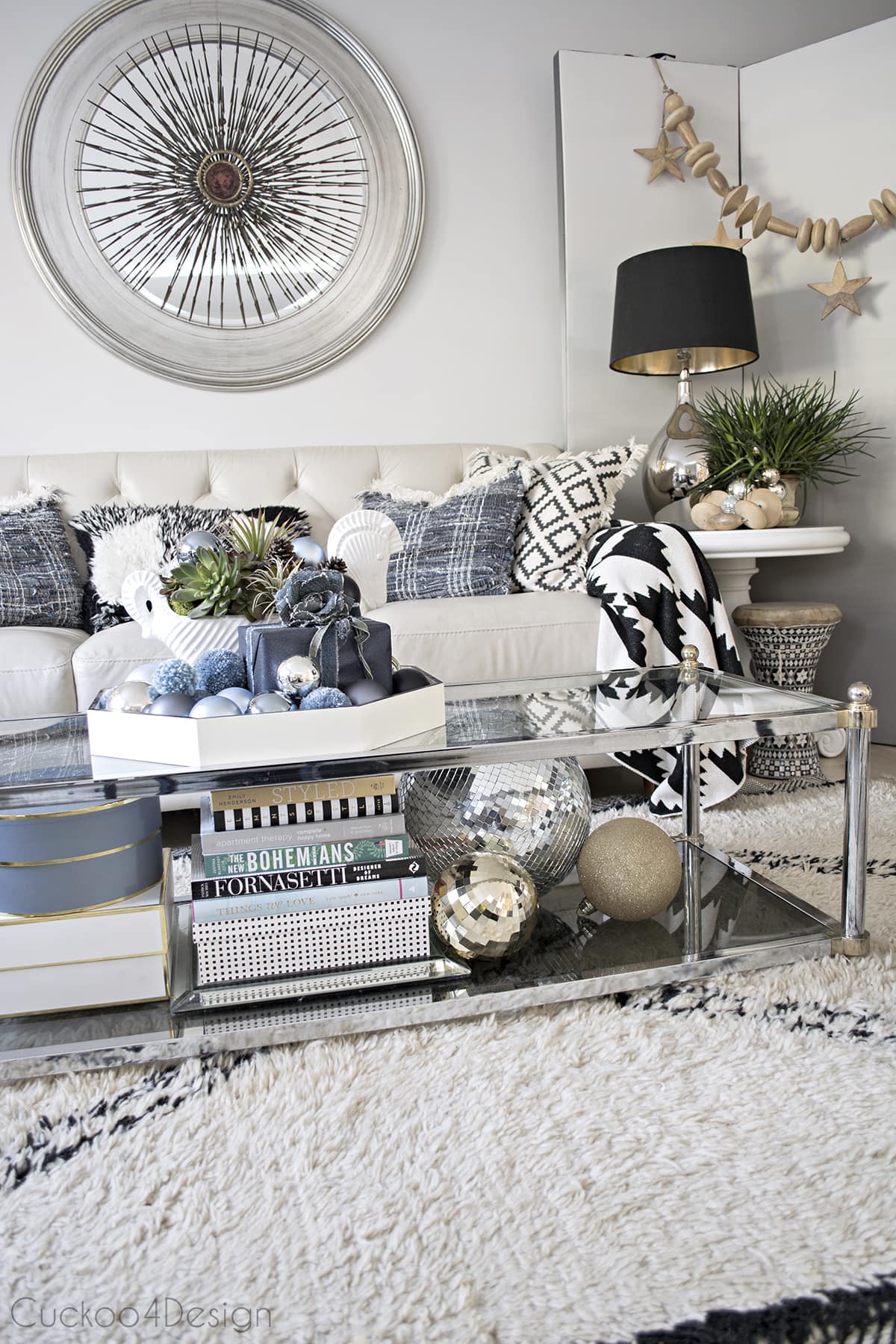 beautiful textured black and white neutral Christmas living room with black and white accents and jeans decor