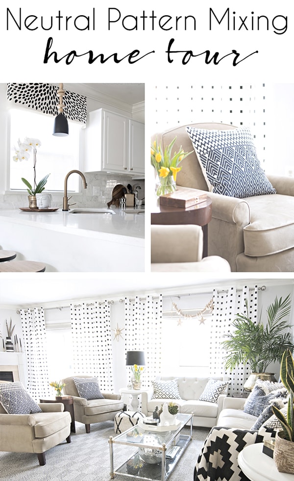 neutral pattern mixing home tour with black and white accents