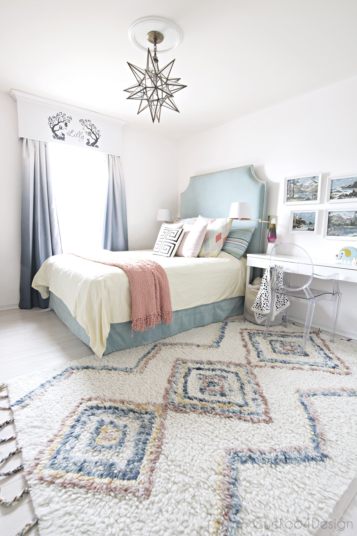 turquoise yellow and blue girls bedroom with colored moroccan shag rug