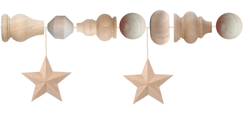 example of DIY wooden bead garland made with wooden furniture legs