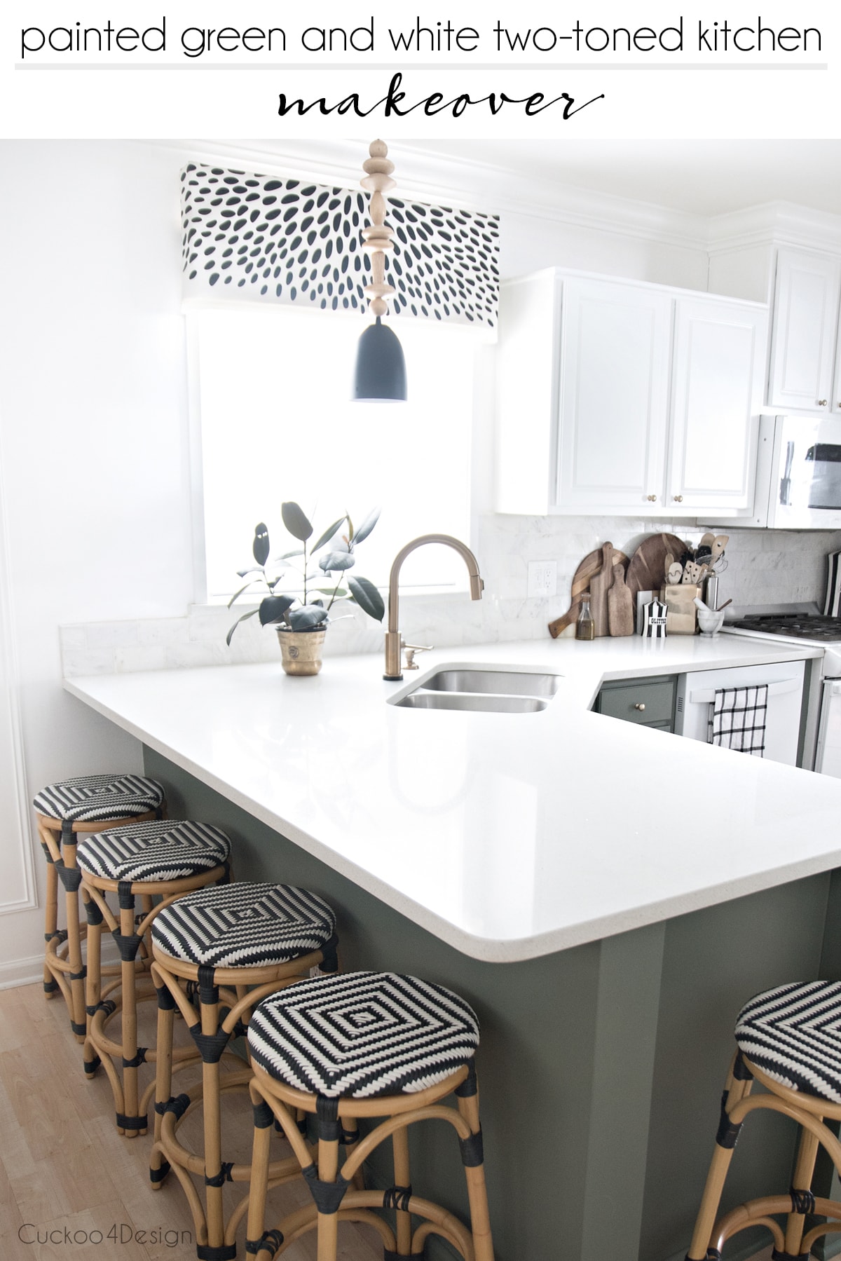 turning my white laminate builder grade kitchen into a green and white two-toned kitchen