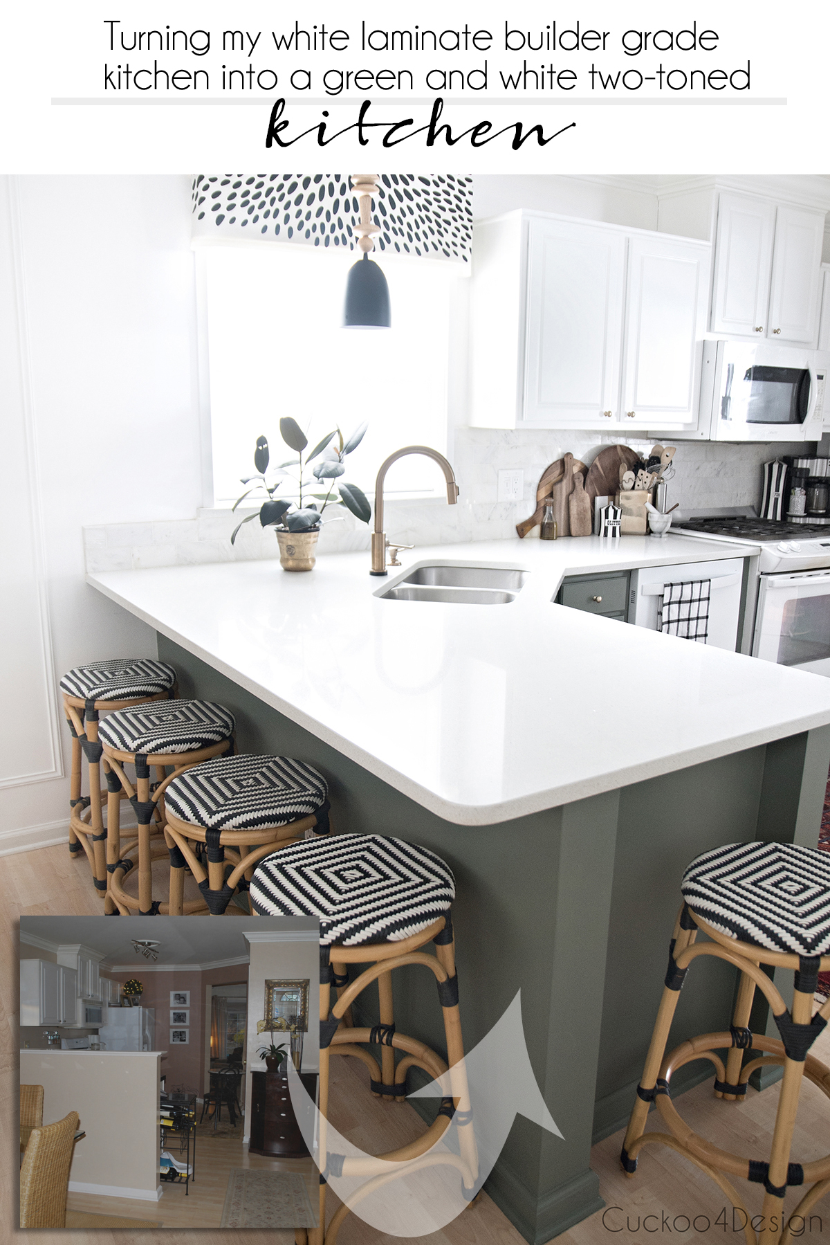 Turning my white laminate builder grade kitchen into a green and white two-toned kitchen