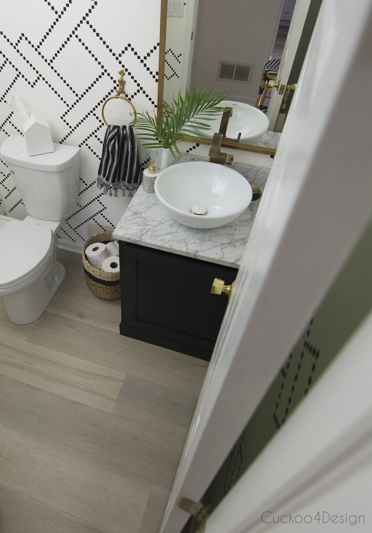 view from top of the new vanity kick plate and bathroom
