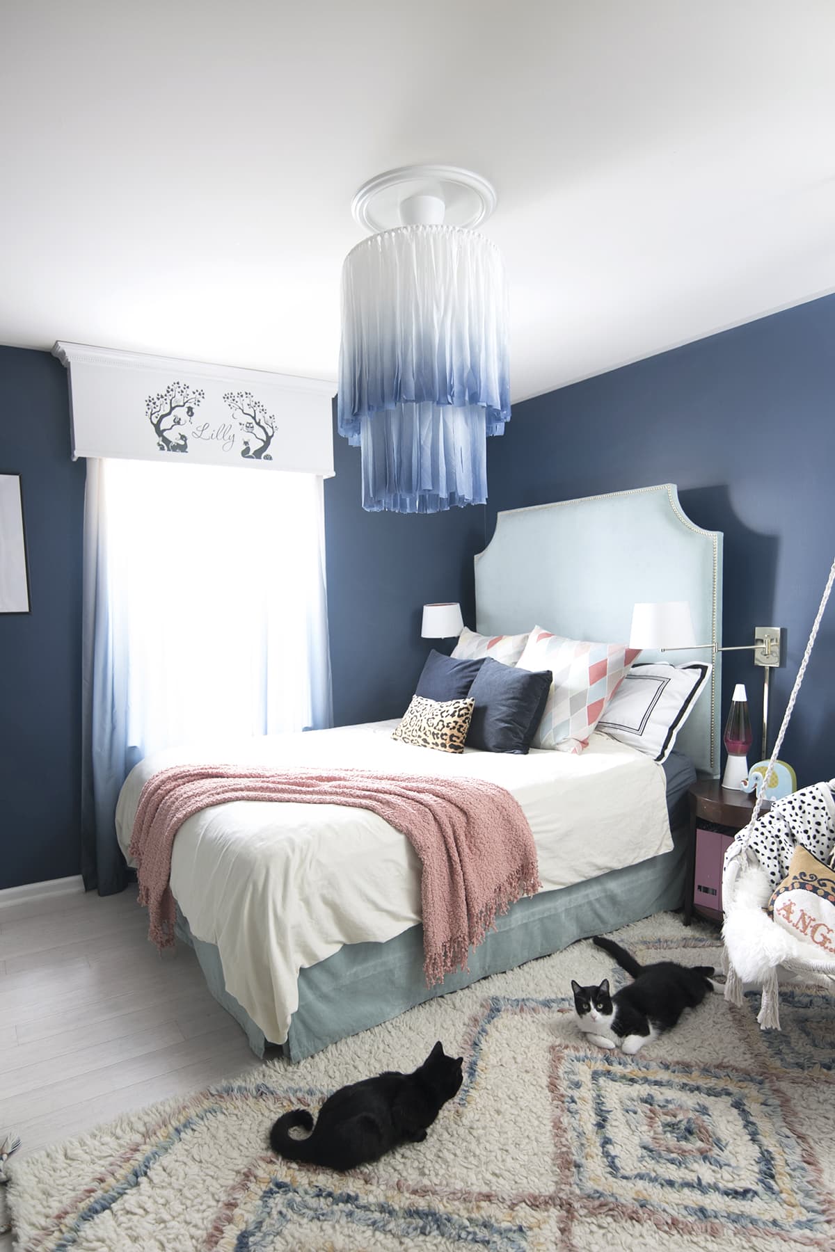 macrame white and blue chandelier in bedroom