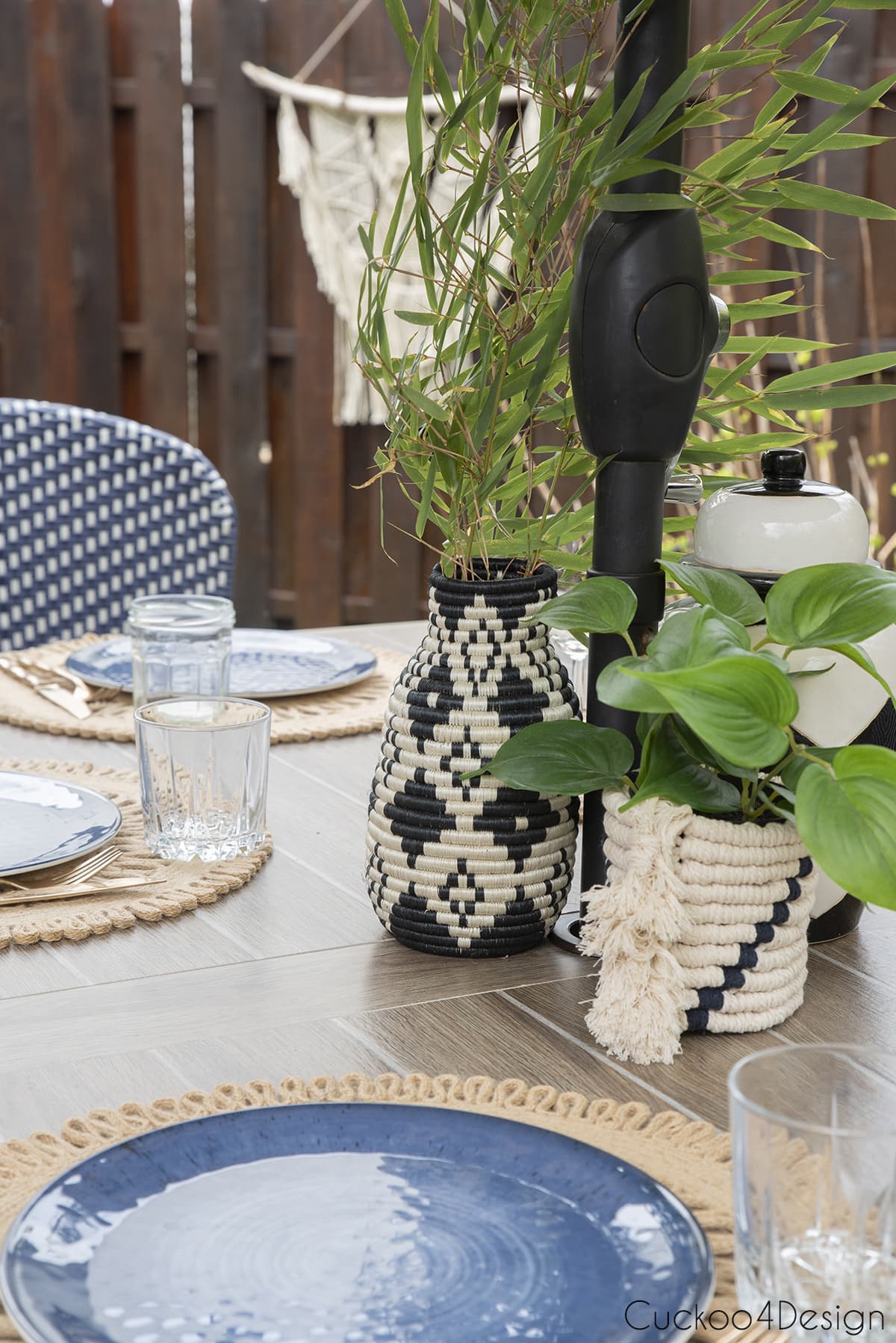 patio table with outdoor macrame piece using the same durable synthetic yarn