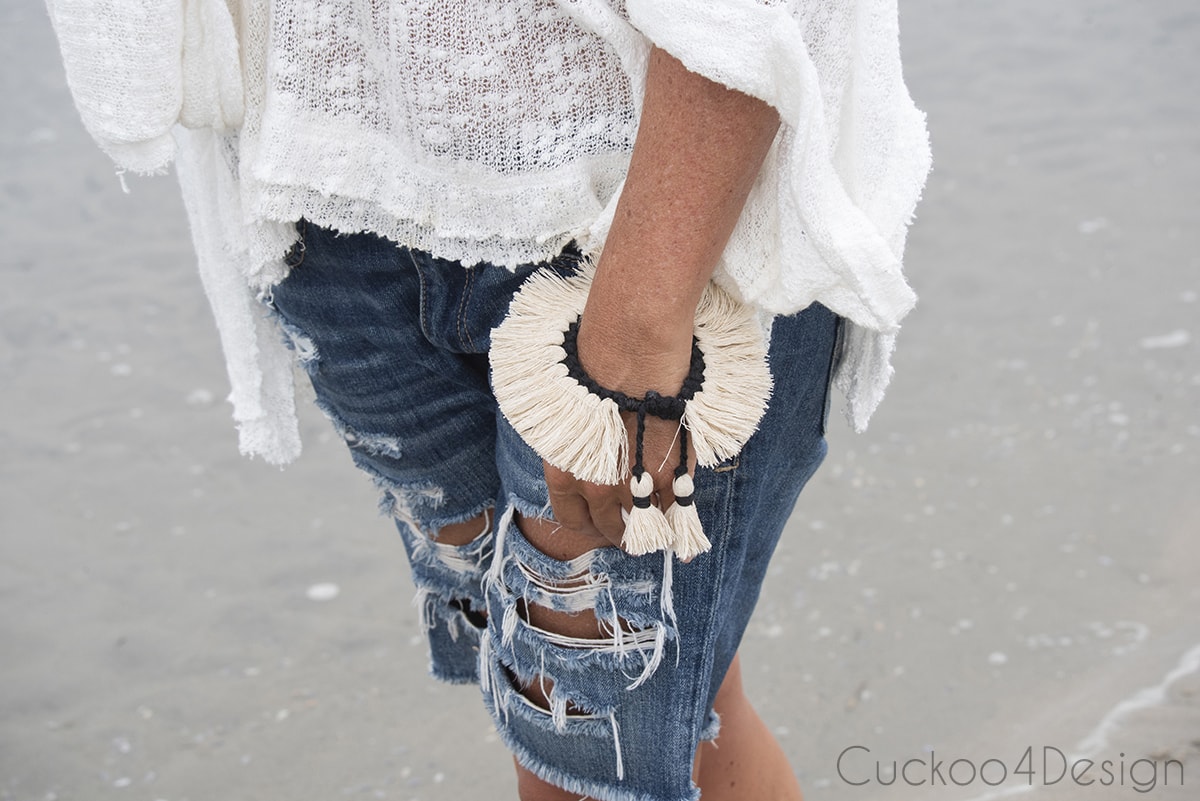 walking on the beach with square knot bracelet