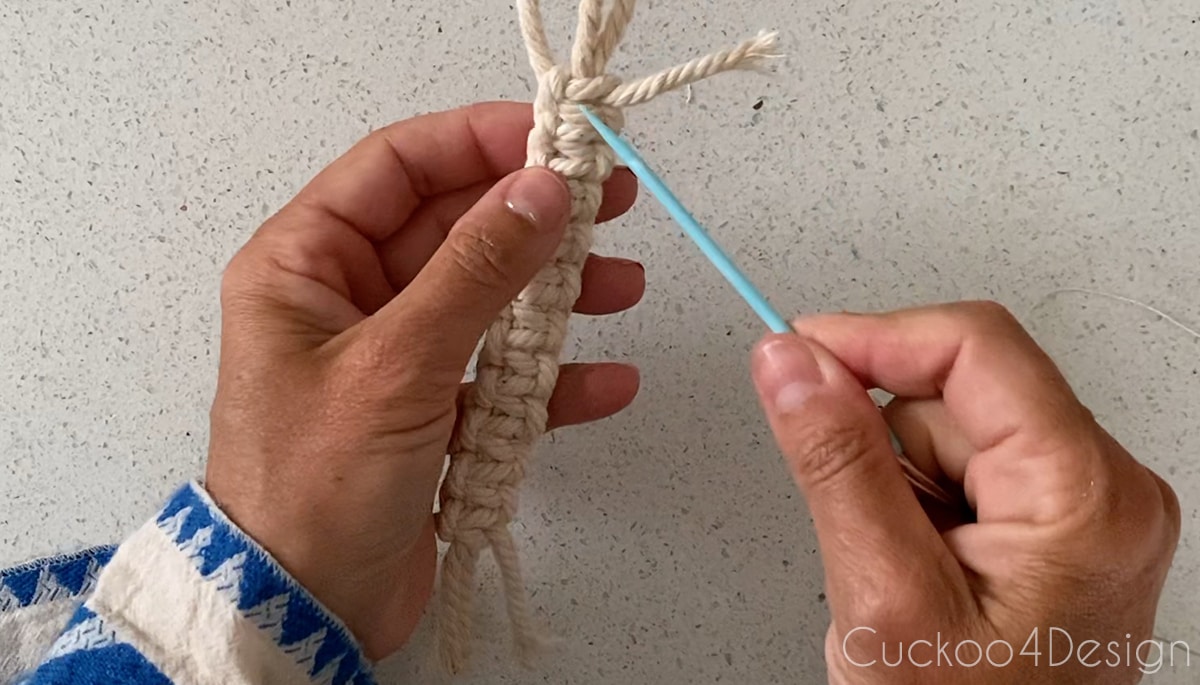 sewing on hemp cord with large needle for macrame dresser drawer pulls
