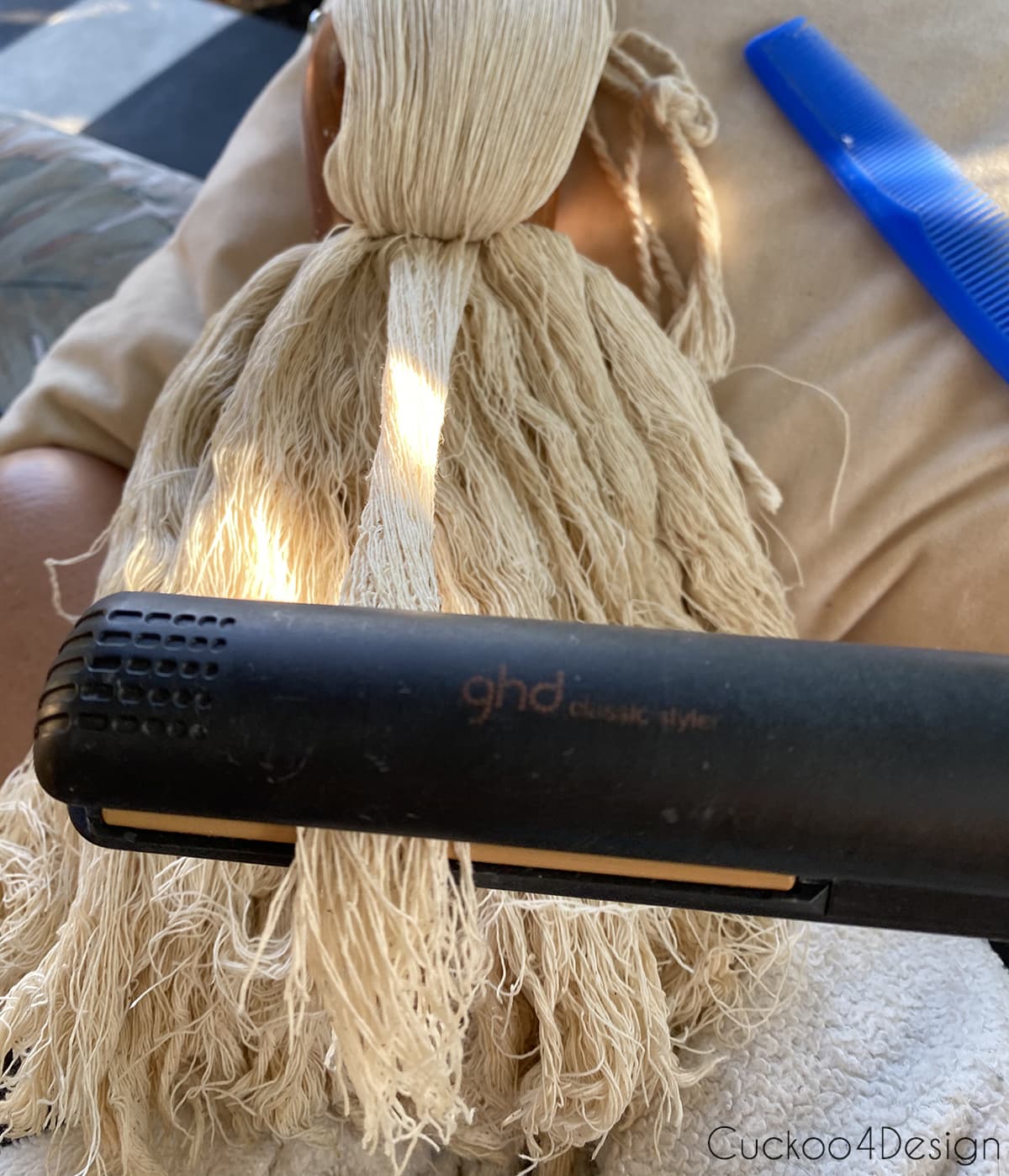 straightening macrame yarn with hair straightener
