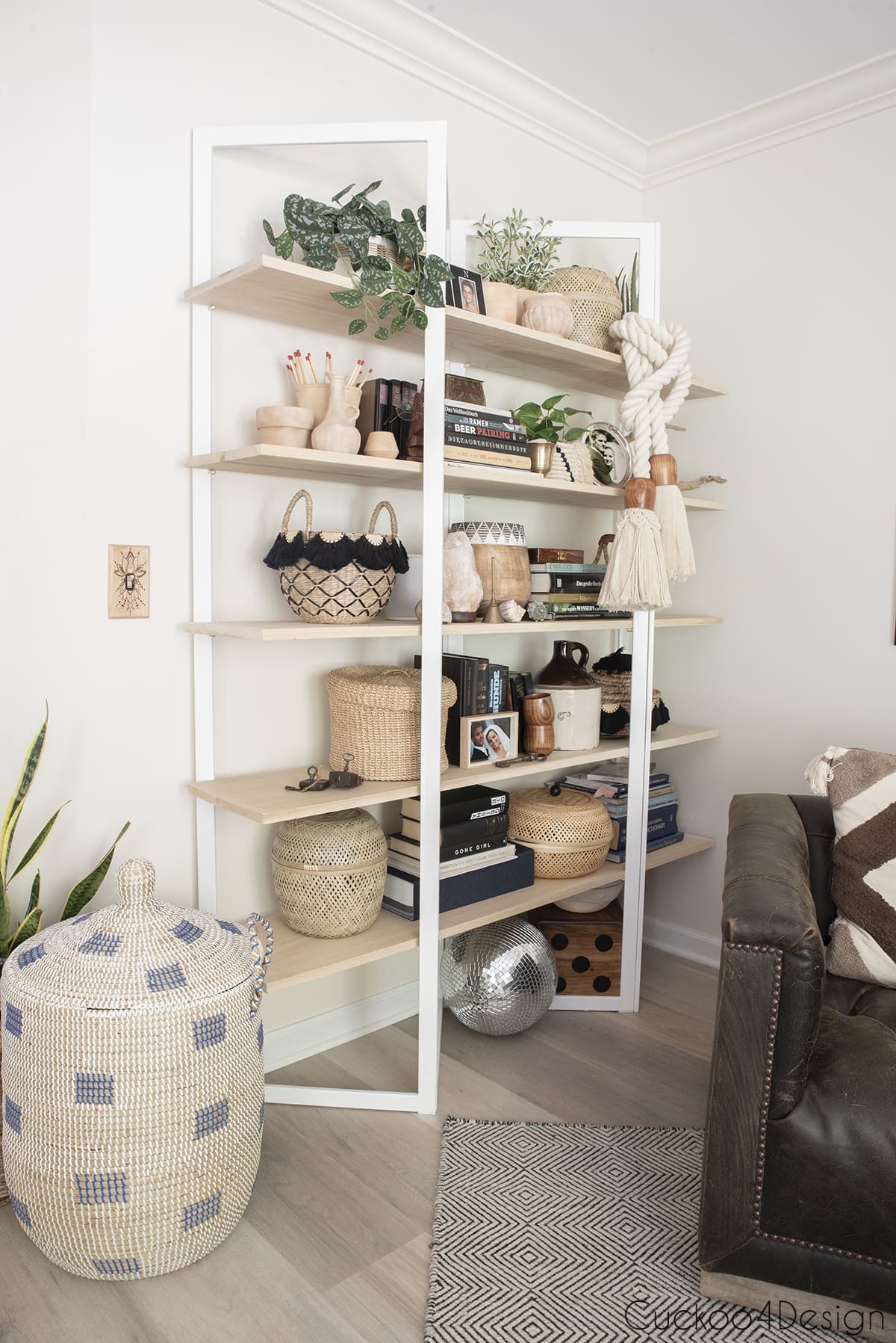 full view of shelving unit with basket collection 