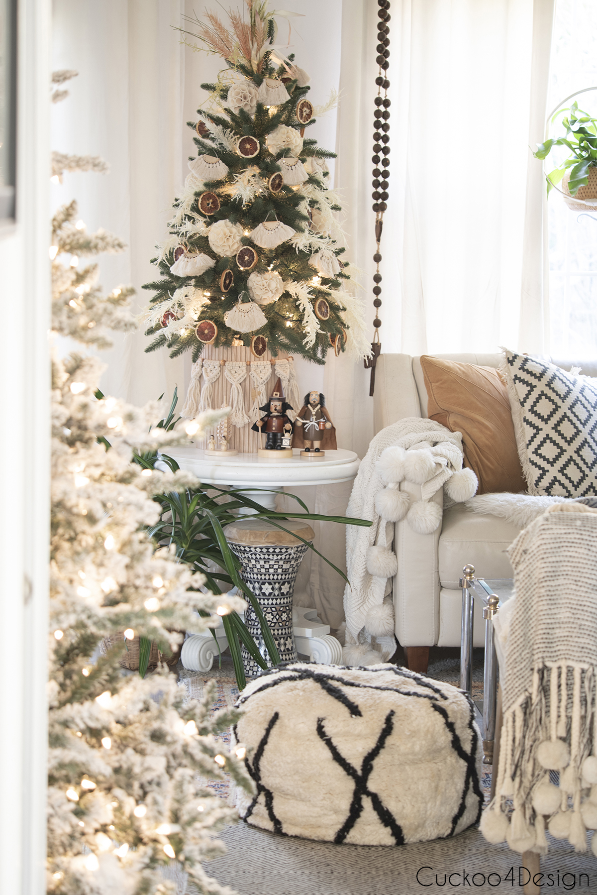 neutral boho christmas tree with ivory colored macrame ornaments