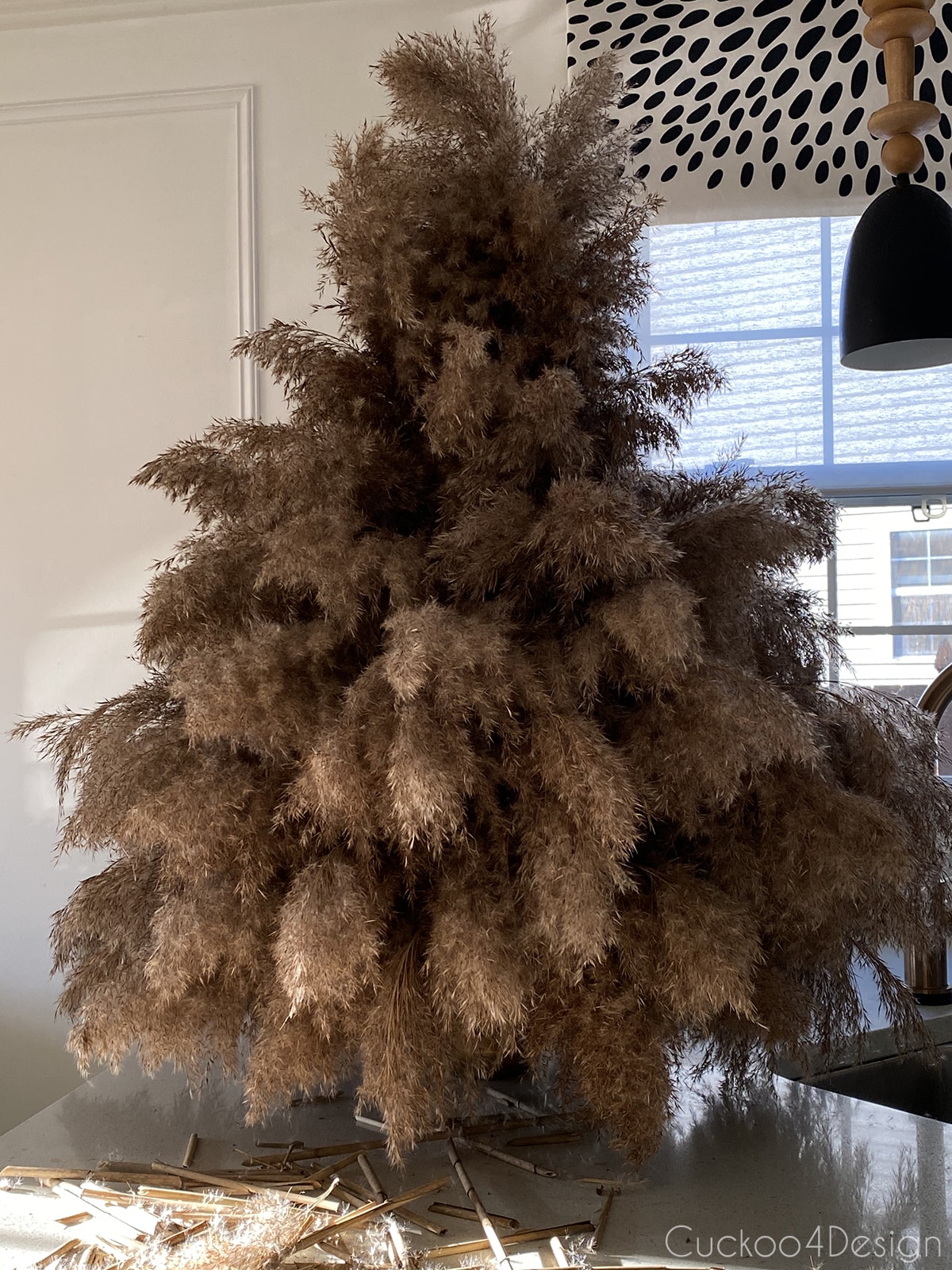 finished pampas grass Christmas tree before adding to pot