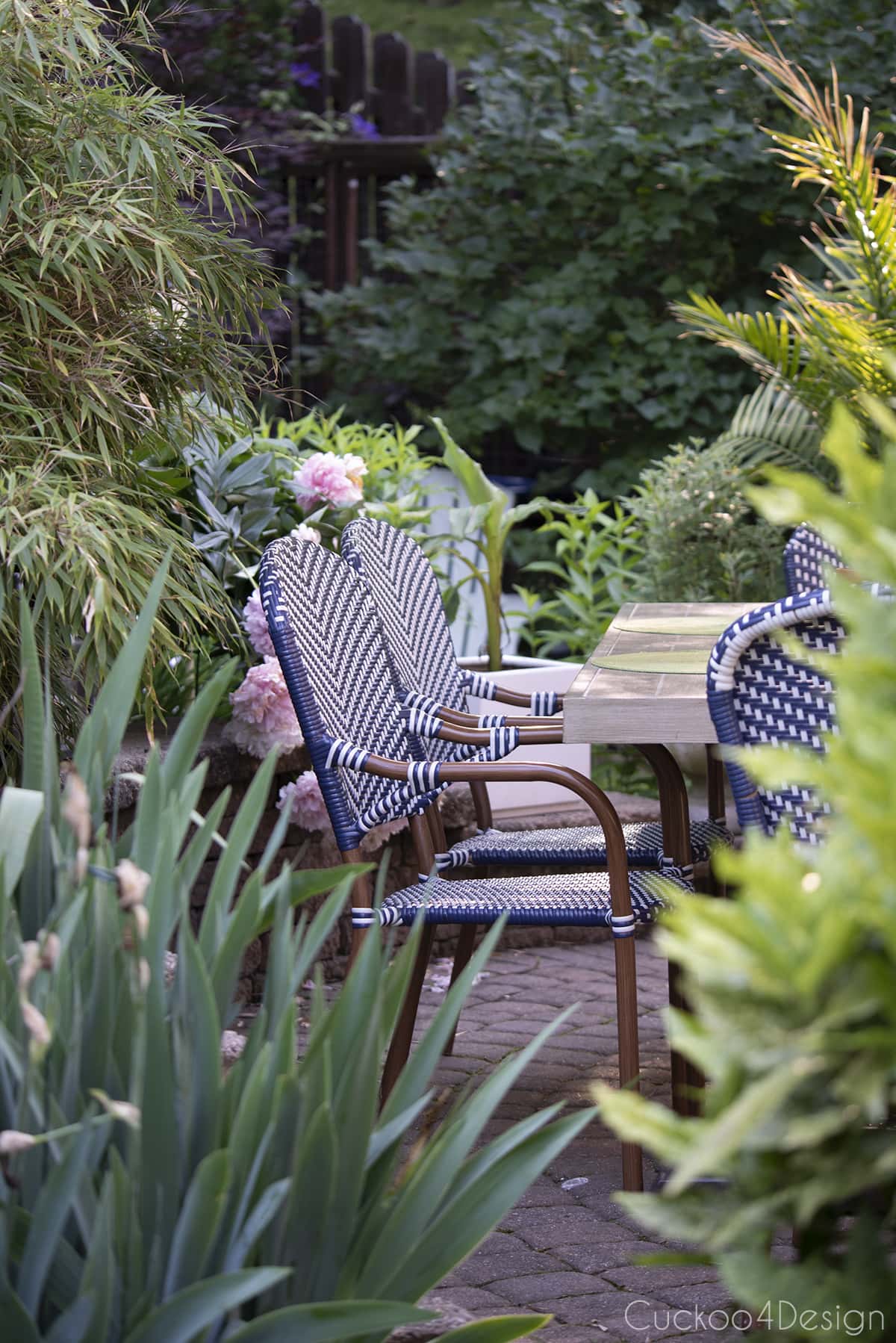 view through plants onto patio with blue and white patio chairs