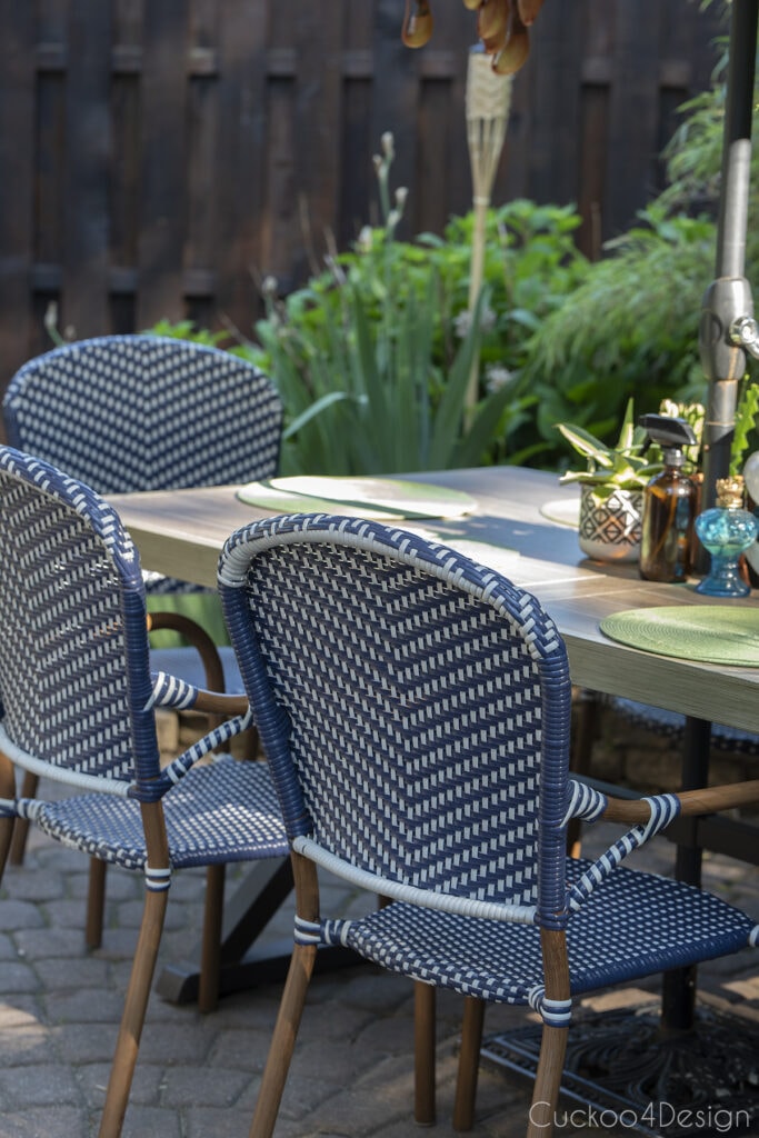 blue and white bistro patio chairs