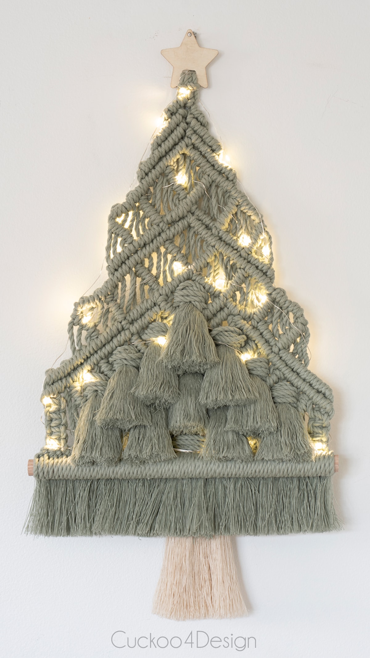 macrame Christmas tree with fairy lights