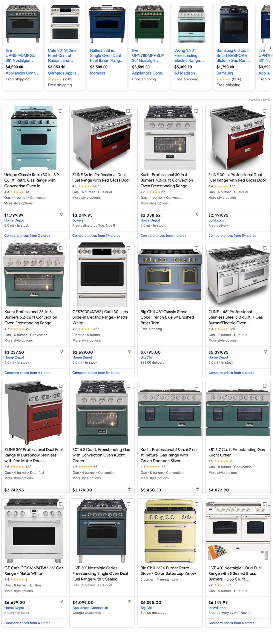 a selection of pricey high-end colored stoves