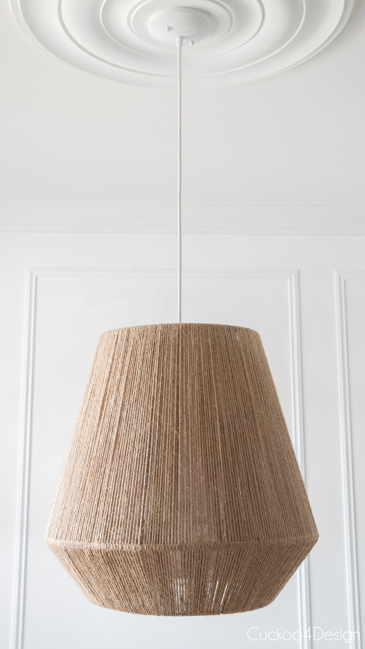 plain white background behind jute pendant light with lights off