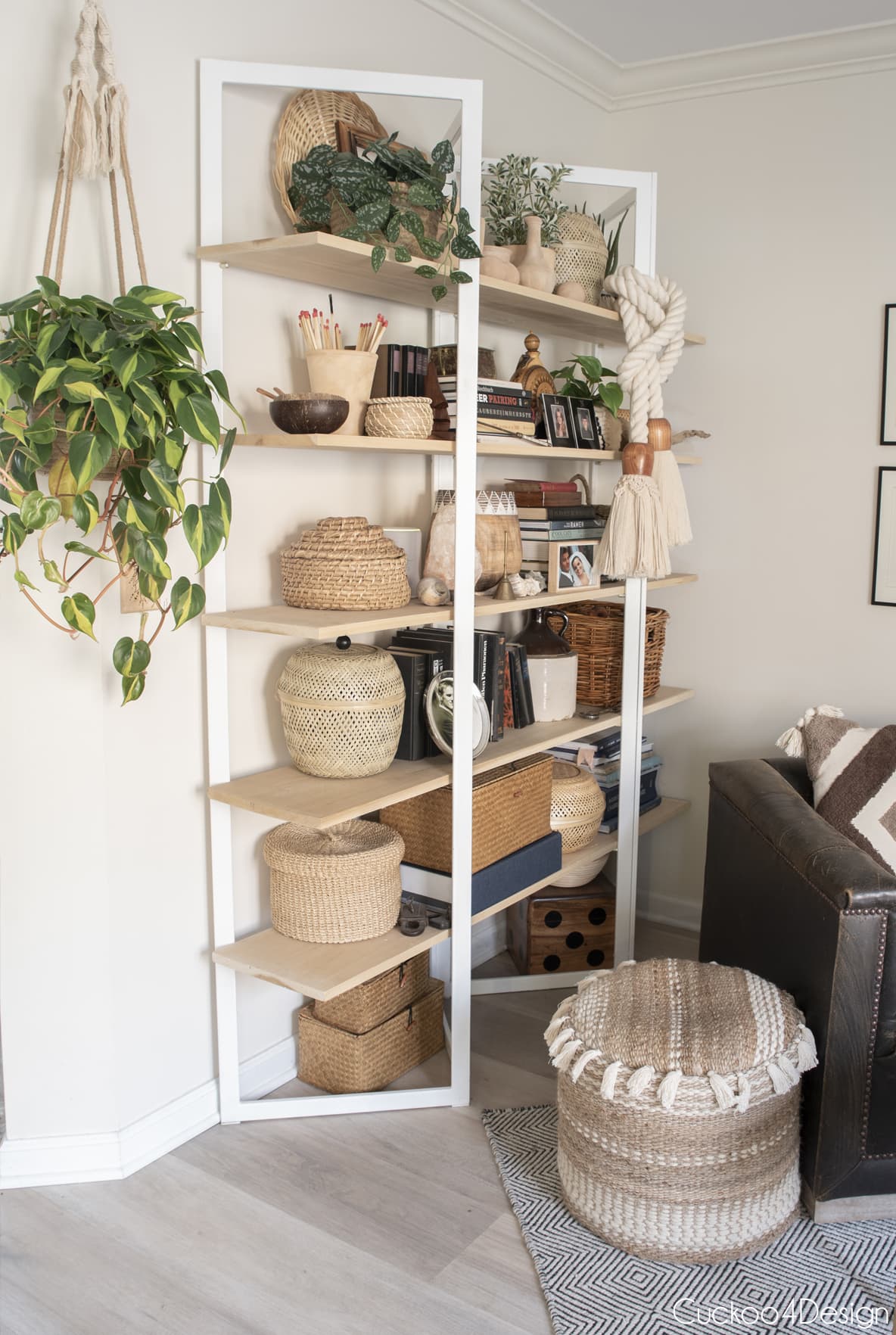 collection of different baskets on our fireplace bookshelf