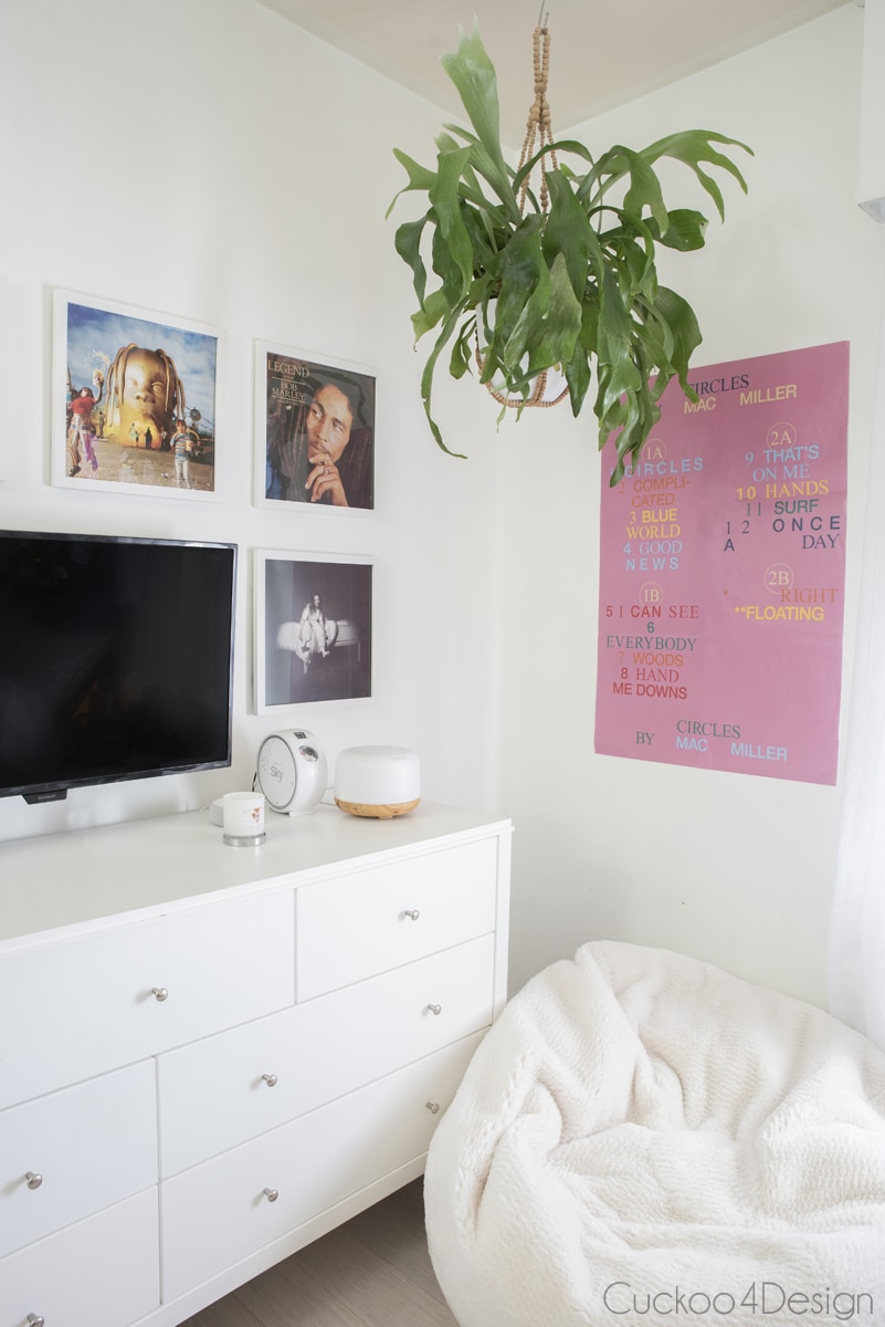 hanging a plant from the ceiling in girl bedroom with white walls and music albums as wall art