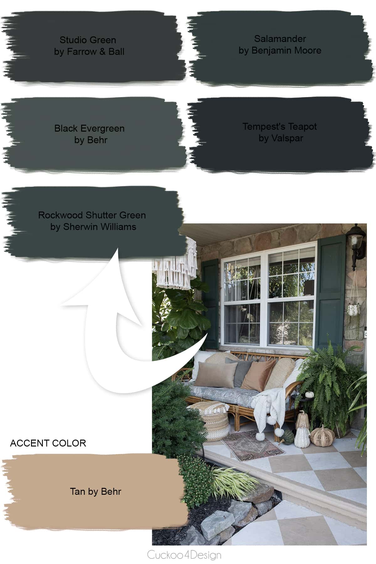 similar dark green shutter color examples and tan terracotta accent color