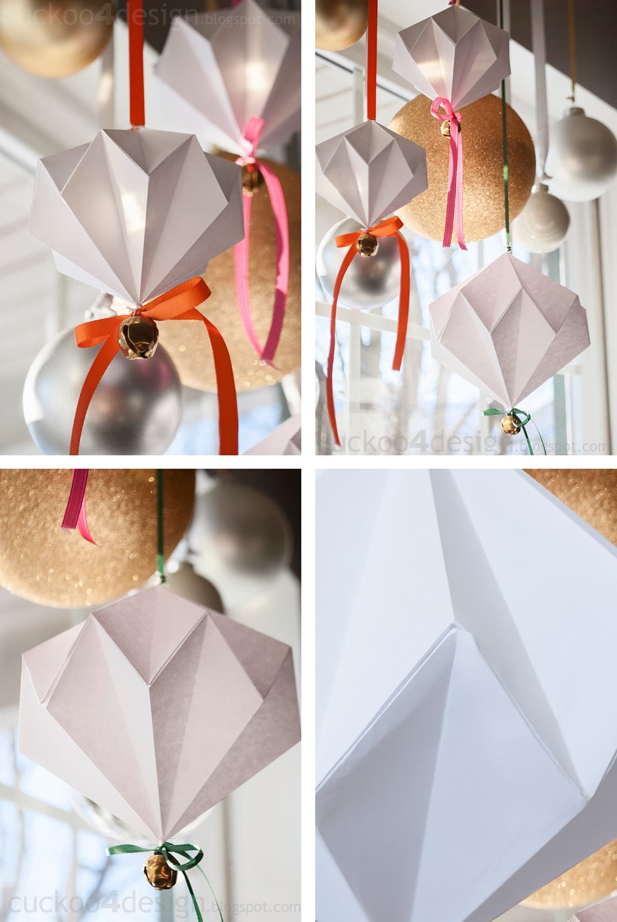 paper diamond oragami Christmas ornaments with gingelbells and ribbons hanging on curtain rod