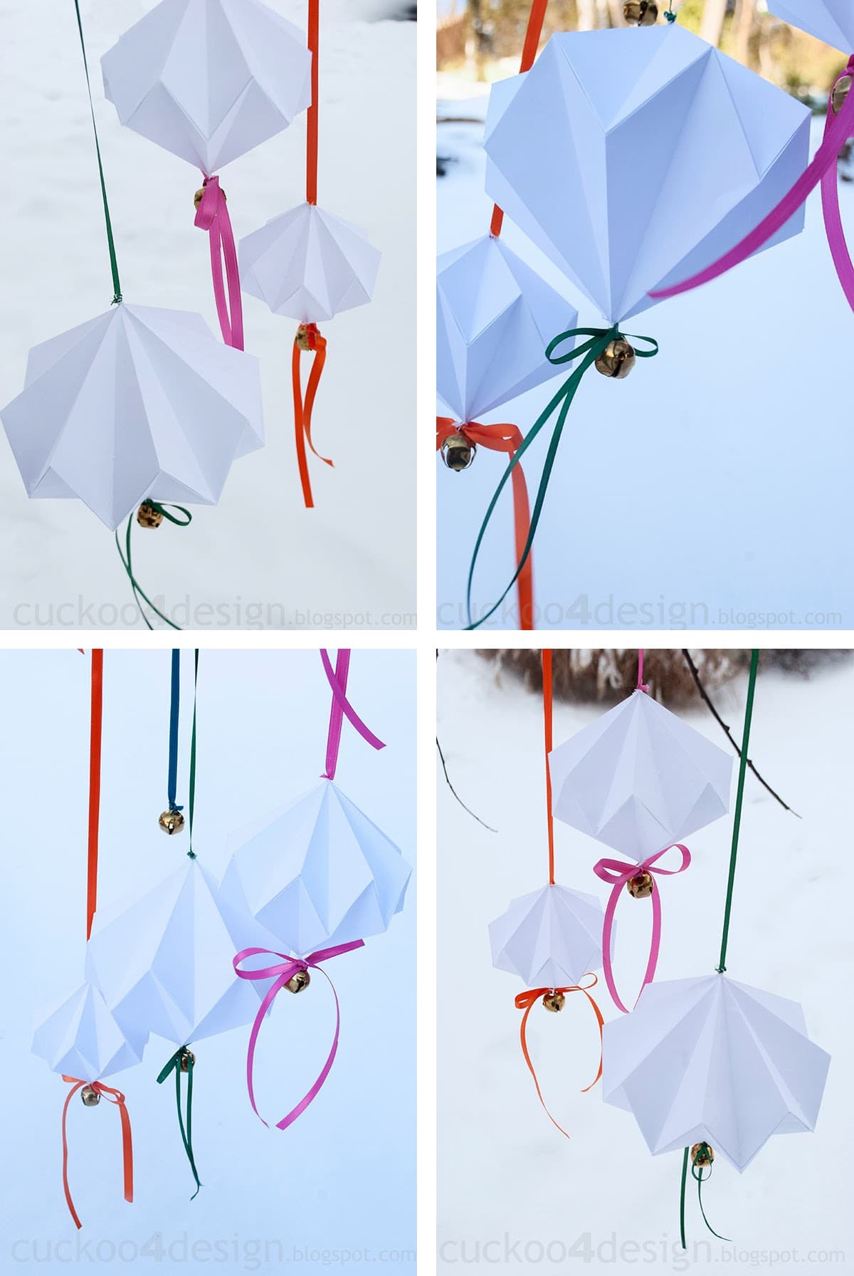 paper diamond oragami Christmas ornaments with gingelbells and ribbons hanging in tree