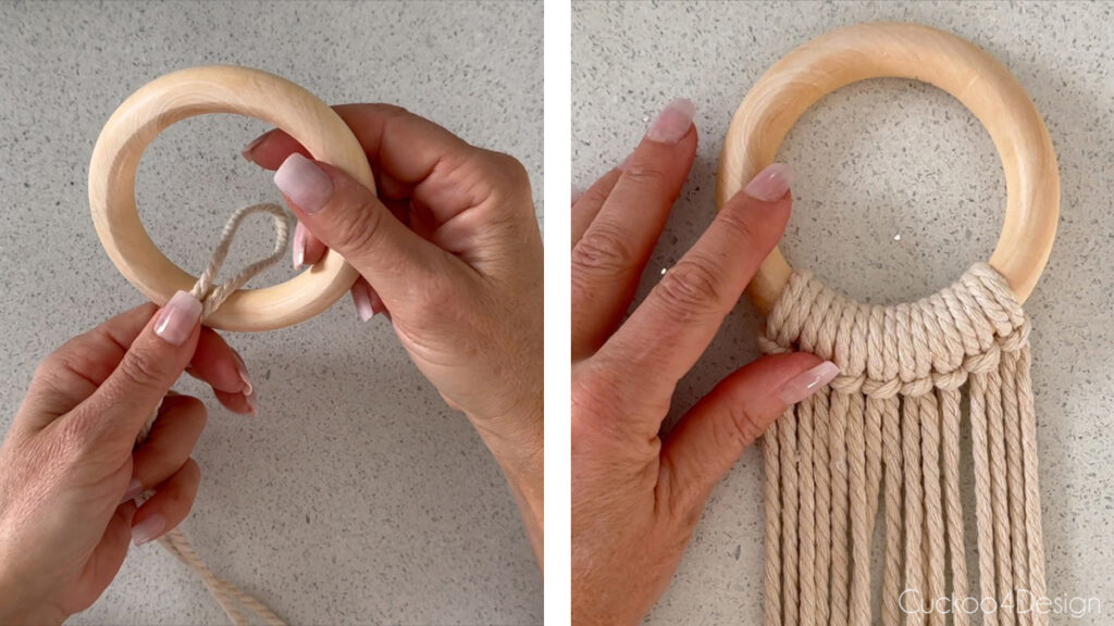 attach 8 pieces of macrame yarn to wooden ring