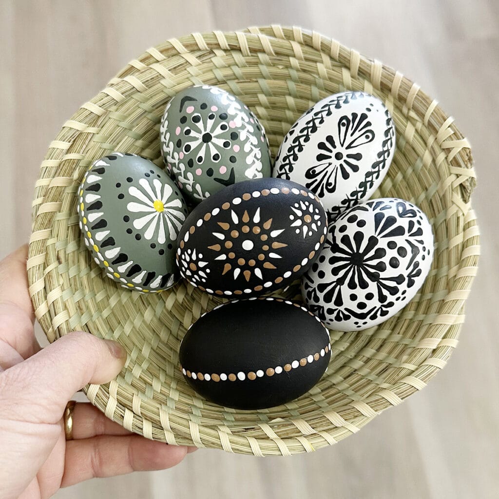 basket full of my first attempt of wooden pysanka eggs