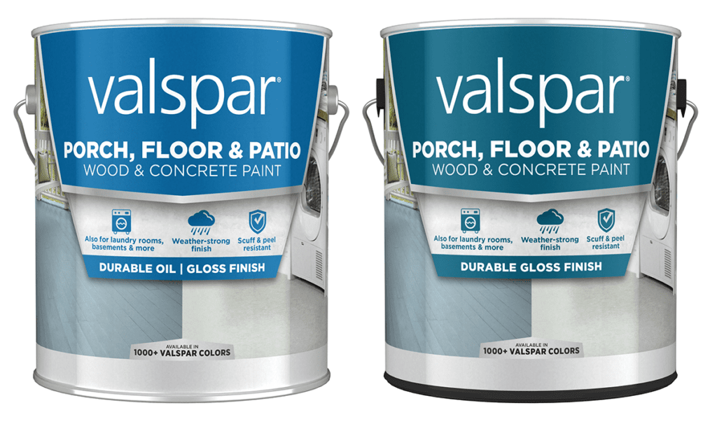 two cans of Valspar Porch and Floor Patio paint in gloss and satin