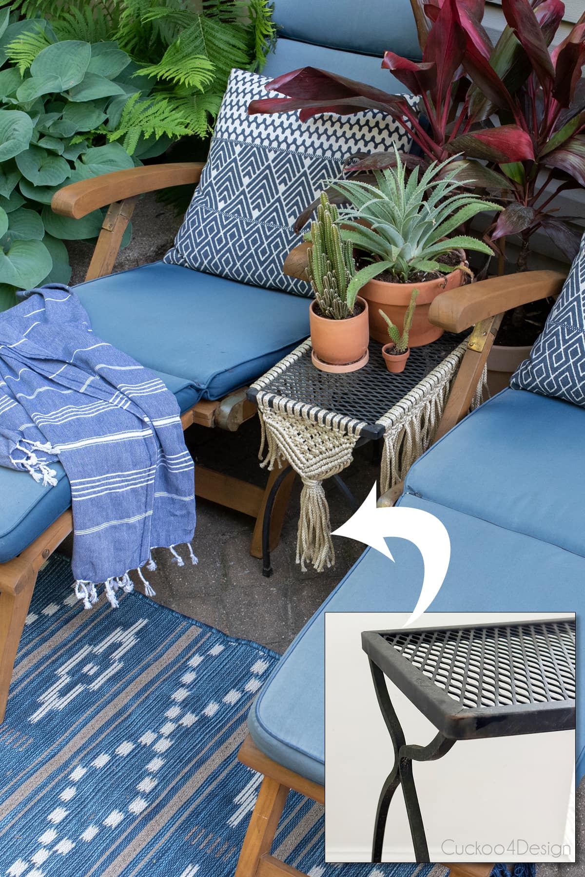 before and after of DIY metal patio table makeover using macrame yarn