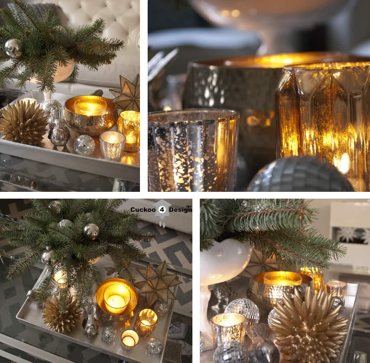 mercury glass and amber glass collection as Christmas coffee table decor