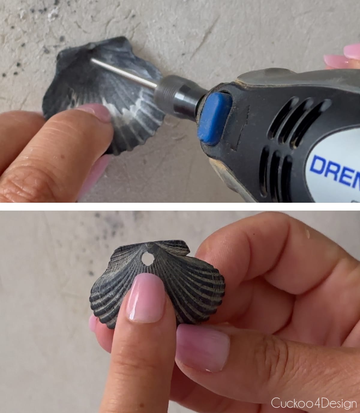 drilling holes into the top of a seashell with a Dremel