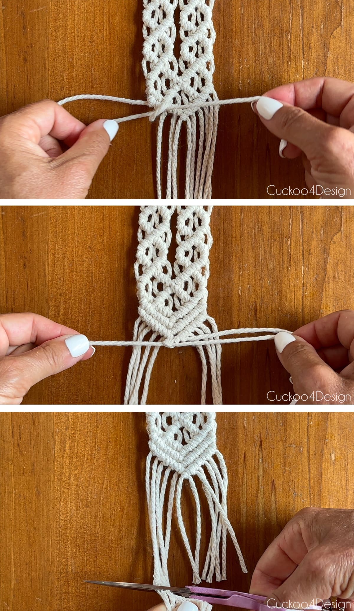 ending the macrame necklace in three rows of v-shaped Diagonal Clove Hitch Knots