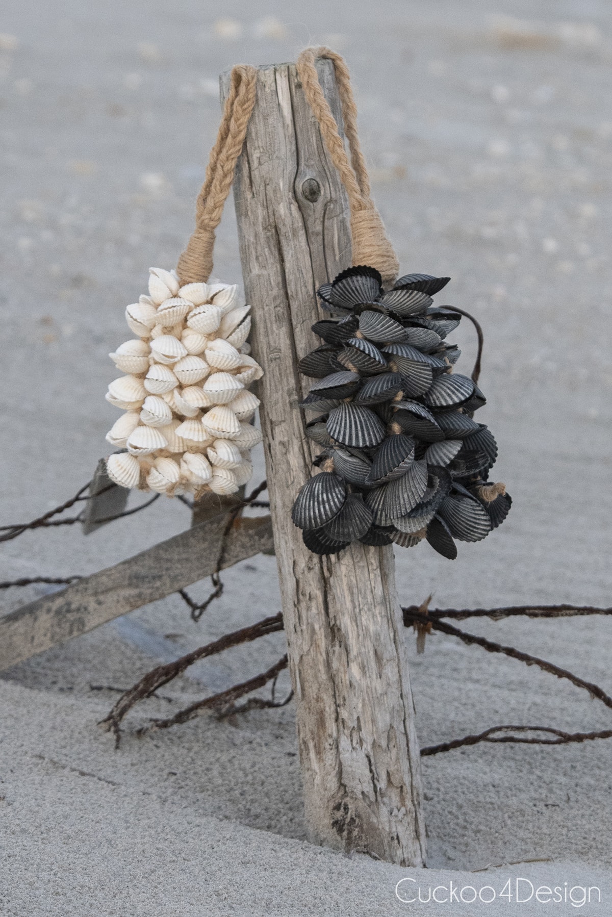 white seashell tassel and black scallop seashell tassel hanging on dune fence at the Jersey Shore