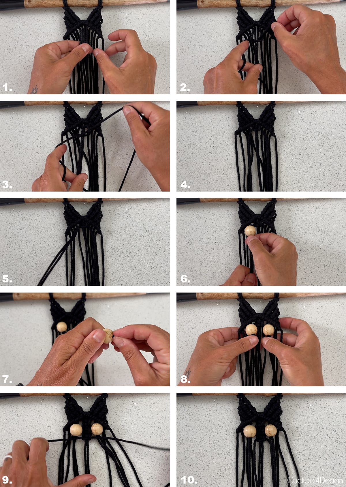 threading on wooden beads to create bat eyes