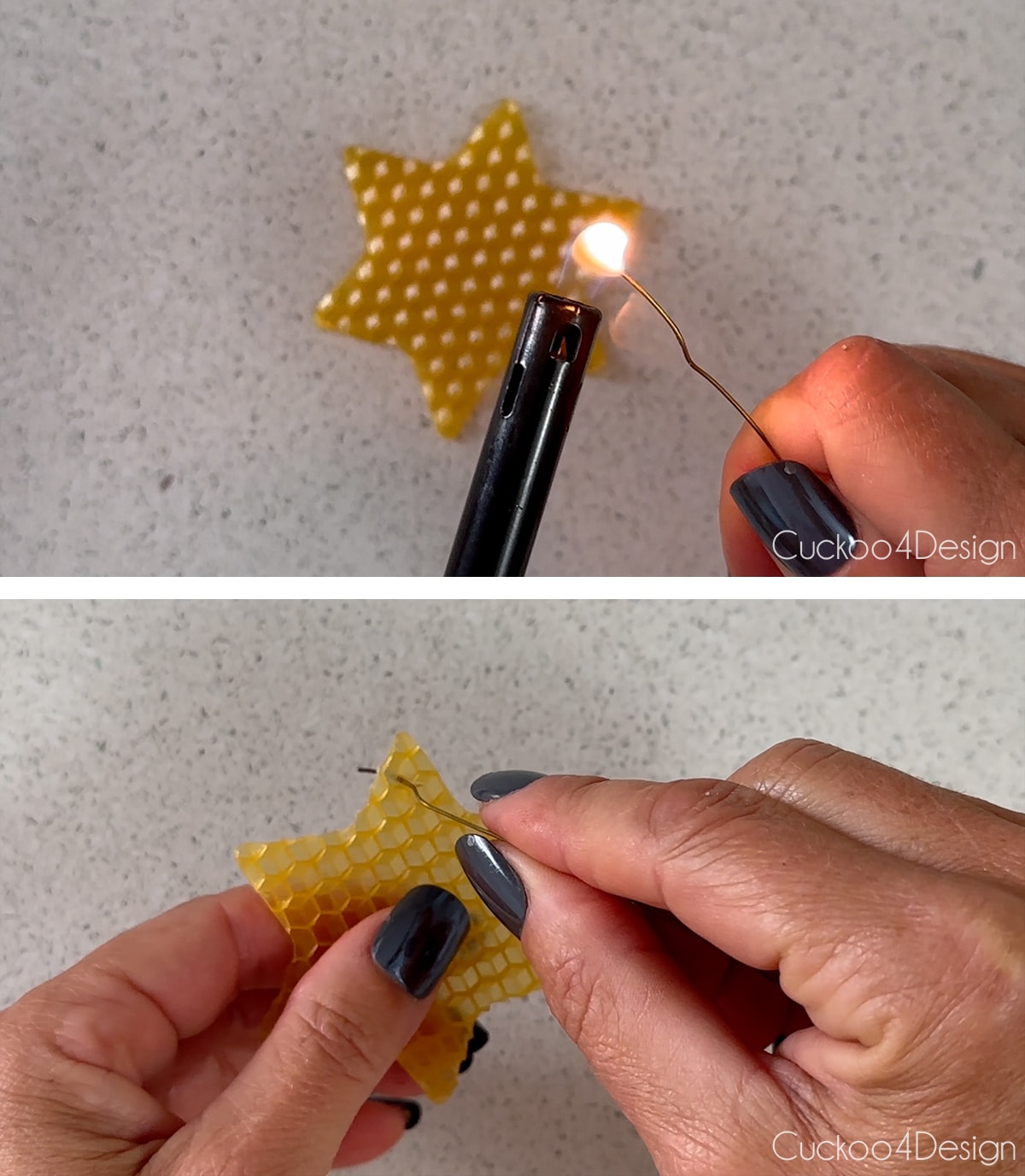 heating a wire to punch a hole into the wax ornamets