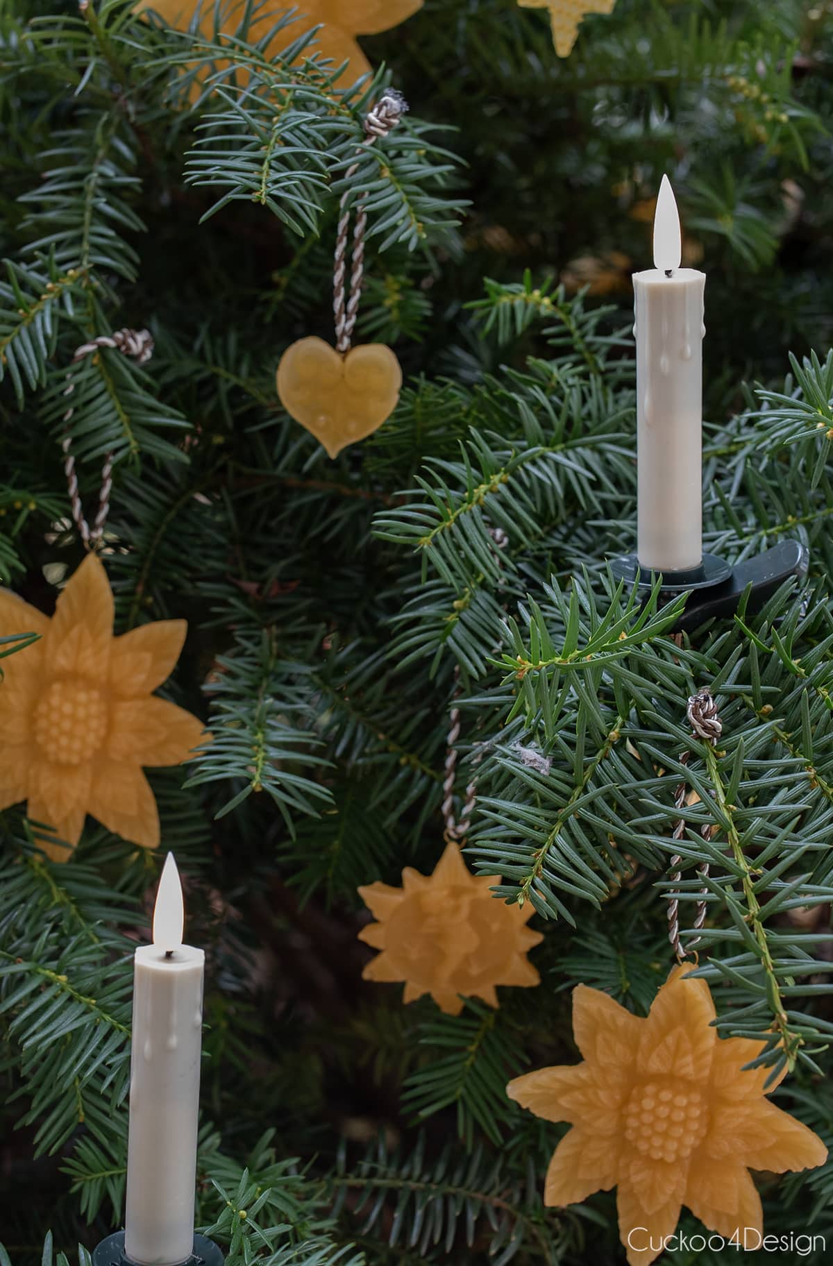 several different beeswax ornaments handing on real pine tree with a clip-on wax candle
