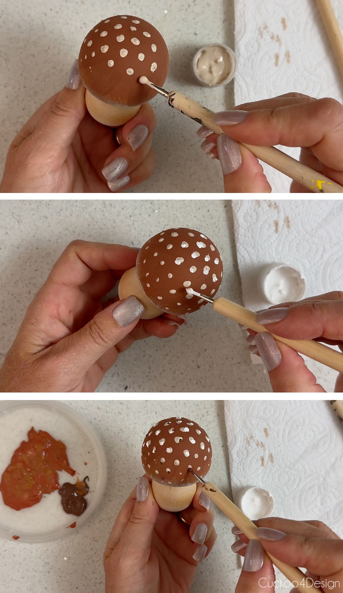 adding dots to mushroom caps in ivory, white, and brown
