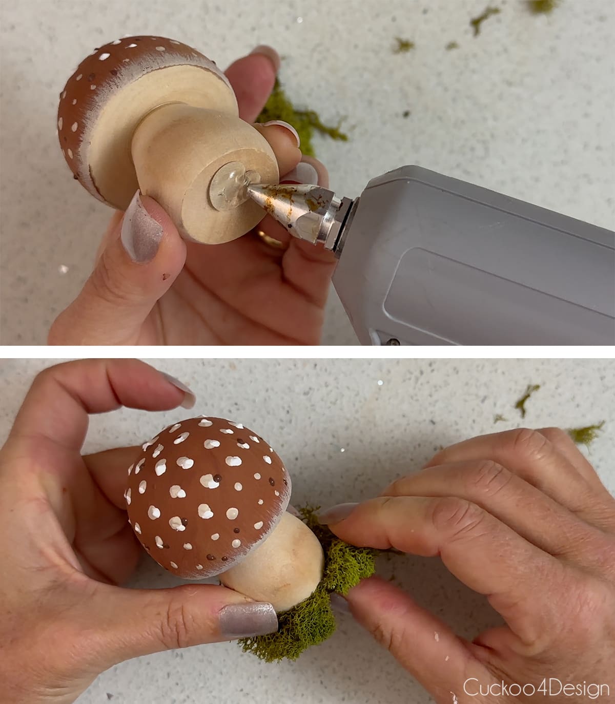 using hot glue to add moss to the bottom of a mushroom stem